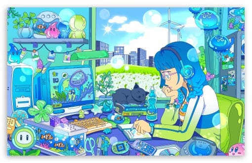 Girl at her Desk with Cat Beside Her Illustration UltraHD Wallpaper for UHD 16:9 ; HD 16:9 ; UltraWide 21:9 24:10 32:9 32:10 ; Widescreen 16:10 ; Tablet 1:1 ; Mobile 9:16 9:19.5 9:20 ; Dual 16:10 16:9 ;
