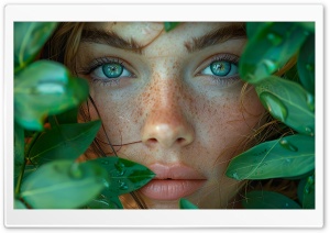Girl, Camouflage, Green Eyes, Freckles, Green Leaves, Portrait, Beauty 4K UHD Wallpaper for Widescreen and UltraWide Desktop, UltraHD TV, Laptop, Tablet, Smartphone