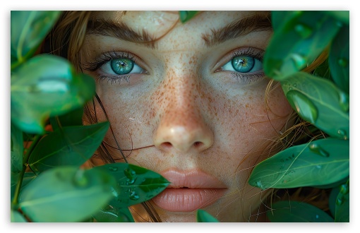 Girl, Camouflage, Green Eyes, Freckles, Green Leaves, Portrait, Beauty UltraHD Wallpaper for UHD 16:9 ; HD 16:9 ; UltraWide 21:9 24:10 32:9 32:10 ; Widescreen 16:10 5:3 ; Fullscreen 4:3 5:4 3:2 ; Tablet 1:1 ; Mobile 9:16 9:19.5 9:20 9:21 9:22 10:16 2:3 3:5 3:4 ; Dual 16:10 5:3 16:9 4:3 5:4 ;