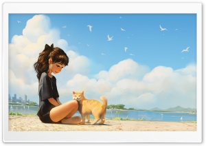 Girl, Cat, Beach, Birds in the Sky, Digital Drawing, Summer 4K UHD Wallpaper for Widescreen and UltraWide Desktop, UltraHD TV, Smartphone, Tablet