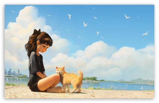 Girl, Cat, Beach, Birds in the Sky, Digital Drawing, Summer UltraHD Wallpaper for UHD 16:9 ; HD 16:9 ; UltraWide 21:9 24:10 ; Widescreen 16:10 5:3 ; Fullscreen 4:3 5:4 3:2 ; Tablet 1:1 ; Mobile 9:16 9:19.5 9:20 10:16 2:3 3:5 3:4 ; Dual 4:3 5:4 ;