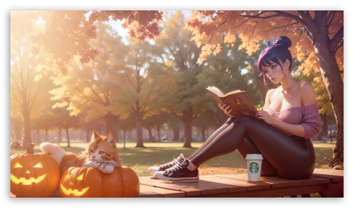 Girl, Cat, Halloween Anime Art UltraHD Wallpaper for 8K UHD TV 16:9 Ultra High Definition 2160p 1440p 1080p 900p 720p ;