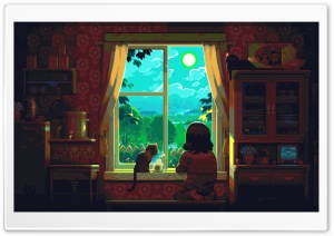 Girl, Cats, Window, Home, Pixel Art 4K UHD Wallpaper for Widescreen and UltraWide Desktop, UltraHD TV, Smartphone, Tablet
