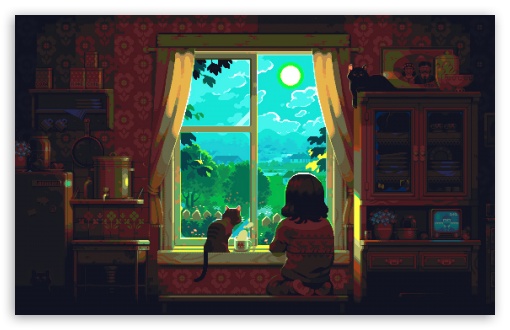 Girl, Cats, Window, Home, Pixel Art UltraHD Wallpaper for UHD 16:9 ; HD 16:9 ; UltraWide 21:9 24:10 32:9 32:10 ; Widescreen 16:10 5:3 ; Fullscreen 4:3 5:4 3:2 ; Tablet 1:1 ; Mobile 9:16 9:19.5 9:20 10:16 2:3 3:5 3:4 ; Dual 16:10 5:3 16:9 4:3 5:4 3:2 ;
