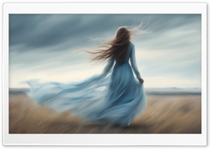 Girl, Dress, Field, Art, Wind, Baby Blue Dress, Overcast, Behind 4K UHD Wallpaper for Widescreen and UltraWide Desktop, UltraHD TV, Smartphone, Tablet