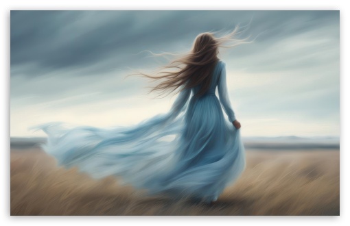 Girl, Dress, Field, Art, Wind, Baby Blue Dress, Overcast, Behind UltraHD Wallpaper for UHD 16:9 ; HD 16:9 ; UltraWide 21:9 24:10 ; Widescreen 16:10 5:3 ; Fullscreen 4:3 5:4 3:2 ; Tablet 1:1 ; Mobile 9:16 9:19.5 9:20 10:16 2:3 3:5 3:4 ;