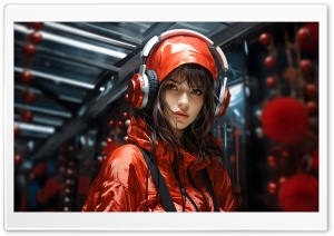 Girl, Headphones, Red Outfit, Modern Artwork 4K UHD Wallpaper for Widescreen and UltraWide Desktop, UltraHD TV, Smartphone, Tablet