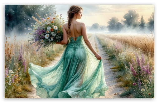 Girl in a Flowy Dress on a Country Road UltraHD Wallpaper for HD 16:9 ; UltraWide 21:9 ; Widescreen 16:10 5:3 ; Fullscreen 4:3 5:4 3:2 ; Tablet 1:1 ; Mobile 9:16 10:16 2:3 3:5 3:4 ;