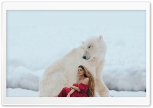 Girl in a Red Dress, Polar Bear, Winter, Snow Ultra HD Wallpaper for 4K UHD Widescreen desktop, tablet & smartphone