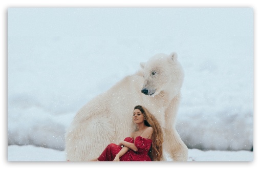 Girl in a Red Dress, Polar Bear, Winter, Snow UltraHD Wallpaper for Wide 16:10 Widescreen WHXGA WQXGA WUXGA WXGA ;
