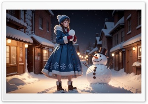 Girl in Blue and Happy Snowman Art Ultra HD Wallpaper for 4K UHD Widescreen Desktop, Lockscreen, Screensaver, TV, Tablet, Smartphone