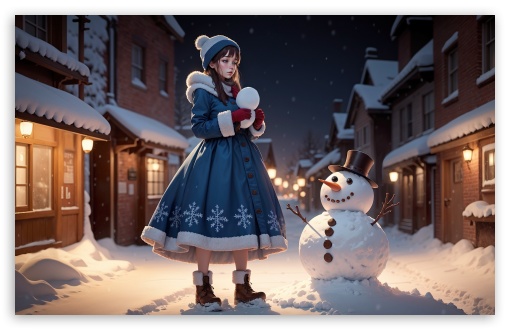 Girl in Blue and Happy Snowman Art UltraHD Wallpaper for HD 16:9 ; UltraWide 21:9 ; Widescreen 16:10 5:3 ; Fullscreen 4:3 5:4 3:2 ; Tablet 1:1 ; Mobile 9:16 ;