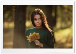 Girl in Green Sweater Gathering Autumn Leaves 4K UHD Wallpaper for Widescreen and UltraWide Desktop, UltraHD TV, Smartphone, Tablet