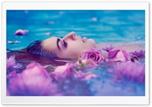 Girl, Pool, Blue Water, Purple Flowers Ultra HD Wallpaper for 4K UHD Widescreen desktop, tablet & smartphone