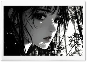 Girl Portrait Illustration in a Bamboo Forest Black and White 4K UHD Wallpaper for Widescreen and UltraWide Desktop, UltraHD TV, Smartphone, Tablet