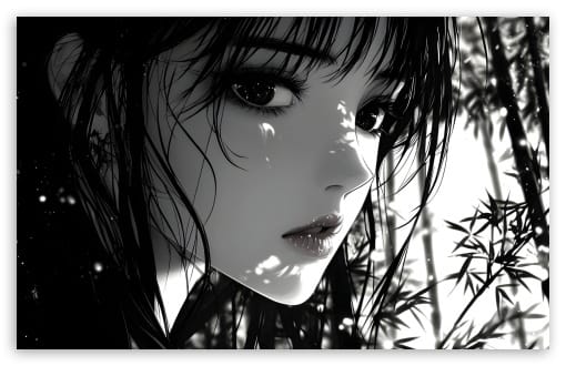 Girl Portrait Illustration in a Bamboo Forest Black and White UltraHD Wallpaper for UHD 16:9 ; HD 16:9 ; UltraWide 21:9 24:10 ; Widescreen 16:10 ; Tablet 1:1 ; Mobile 9:16 9:19.5 9:20 ;