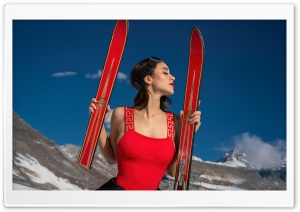 Girl, Red Top, Ski, Mountain, Recreational, Leisure, Passion 4K UHD Wallpaper for Widescreen and UltraWide Desktop, UltraHD TV, Smartphone, Tablet