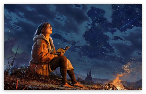 Girl Stargazing by a Campfire at Night UltraHD Wallpaper for UHD 16:9 ; HD 16:9 ; UltraWide 21:9 24:10 32:9 32:10 ; Widescreen 16:10 5:3 ; Fullscreen 4:3 5:4 3:2 ; Tablet 1:1 ; Mobile 9:16 9:19.5 9:20 10:16 2:3 3:5 3:4 ; Dual 16:10 5:3 16:9 4:3 5:4 3:2 ;