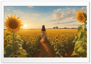 Girl Walking Through the Sunflower Field in a Summer Sunny Day Ultra HD Wallpaper for 4K UHD Widescreen Desktop, Lockscreen, Screensaver, TV, Tablet, Smartphone