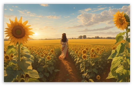 Girl Walking Through the Sunflower Field in a Summer Sunny Day UltraHD Wallpaper for UHD 16:9 ; HD 16:9 ; UltraWide 21:9 24:10 32:9 32:10 ; Widescreen 16:10 5:3 ; Fullscreen 4:3 5:4 3:2 ; Tablet 1:1 ; Mobile 9:16 9:19.5 9:20 9:21 10:16 2:3 3:5 3:4 ; Dual 16:10 5:3 16:9 4:3 5:4 3:2 ;