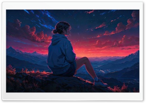 Girl Watching Sunset Drawing Ultra HD Wallpaper for 4K UHD Widescreen Desktop, Lockscreen, Screensaver, TV, Tablet, Smartphone