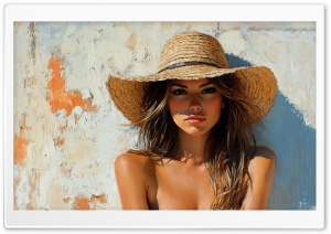 Girl Wearing a Hat on a Hot Summer Day Painting Ultra HD Wallpaper for 4K UHD Widescreen Desktop, Lockscreen, Screensaver, TV, Tablet, Smartphone