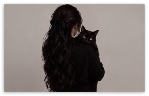 Girl with Black Cat Art UltraHD Wallpaper for UHD 16:9 ; HD 16:9 ; UltraWide 21:9 24:10 32:9 32:10 ; Widescreen 16:10 ; Tablet 1:1 ; Dual 16:10 16:9 ;