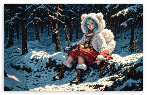 Girl with Blue Hair Wearing a Bear Hood, Winter Drawing UltraHD Wallpaper for UHD 16:9 ; HD 16:9 ; UltraWide 21:9 24:10 32:9 32:10 ; Widescreen 16:10 5:3 ; Fullscreen 4:3 5:4 3:2 ; Tablet 1:1 ; Mobile 9:16 9:19.5 9:20 9:21 9:22 10:16 2:3 3:5 3:4 ; Dual 16:10 5:3 16:9 4:3 5:4 3:2 ;