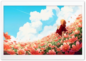 Girl with Corgi Dog in the Flower Field Illustration Ultra HD Wallpaper for 4K UHD Widescreen Desktop, Lockscreen, Screensaver, TV, Tablet, Smartphone