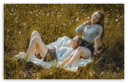 Girls Relaxing on Meadow UltraHD Wallpaper for HD 16:9 ; UltraWide 21:9 ; Widescreen 16:10 5:3 ; Fullscreen 4:3 5:4 3:2 ; Tablet 1:1 ;