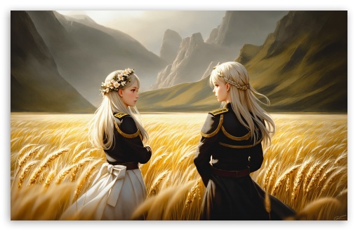 Girls Walking Through the Golden Wheat Field UltraHD Wallpaper for UHD 16:9 ; HD 16:9 ; Widescreen 16:10 5:3 ; Fullscreen 3:2 ;