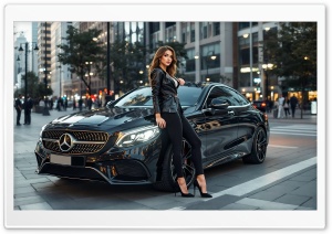 Glamorous Woman Next to a Mercedes, City Scene 4K UHD Wallpaper for Widescreen and UltraWide Desktop, UltraHD TV, Smartphone, Tablet