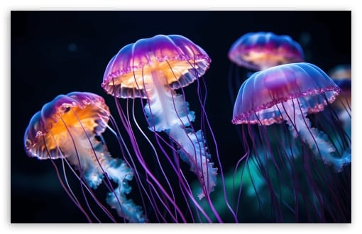 Glowing Purple Bioluminescent Jellyfish UltraHD Wallpaper for UHD 16:9 ; HD 16:9 ; UltraWide 21:9 24:10 32:9 32:10 ; Widescreen 16:10 ; Tablet 1:1 ; Mobile 9:16 ; Dual 16:10 16:9 ;