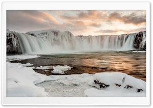 Godafoss Waterfall, Winter, Sunset Ultra HD Wallpaper for 4K UHD Widescreen desktop, tablet & smartphone