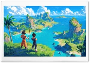 Goku and Vegeta Tropical Island Horizon Dragon Ball Fan Art 4K UHD Wallpaper for Widescreen and UltraWide Desktop, UltraHD TV, Smartphone, Tablet