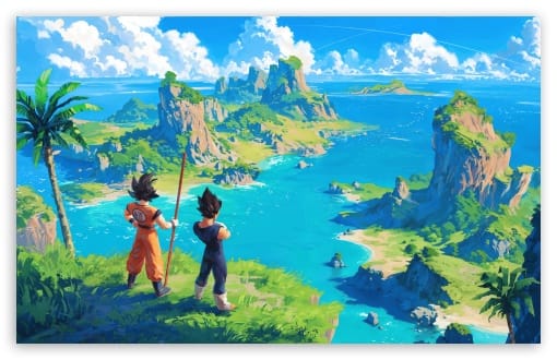 Goku and Vegeta Tropical Island Horizon Dragon Ball Fan Art UltraHD Wallpaper for UHD 16:9 ; HD 16:9 ; UltraWide 21:9 24:10 ; Widescreen 16:10 ; Tablet 1:1 ; Mobile 9:16 9:19.5 9:20 ;