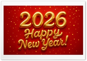 Golden 2026 Happy New Year on Red Background 4K UHD Wallpaper for Widescreen and UltraWide Desktop, UltraHD TV, Smartphone, Tablet