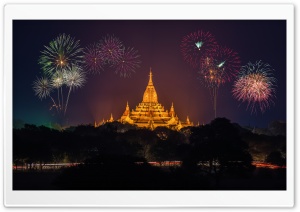 Golden Pagoda, Fireworks Ultra HD Wallpaper for 4K UHD Widescreen desktop, tablet & smartphone