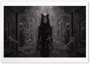 Gothic Cat Woman in Mirror Chamber 4K UHD Wallpaper for Widescreen and UltraWide Desktop, UltraHD TV, Smartphone, Tablet