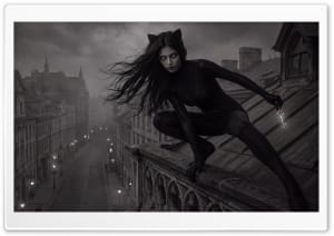 Gothic Cat Woman on Rooftop Art 4K UHD Wallpaper for Widescreen and UltraWide Desktop, UltraHD TV, Smartphone, Tablet