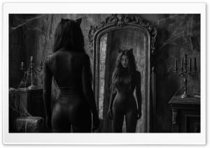 Gothic Cat Woman Red Mirror Reflection 4K UHD Wallpaper for Widescreen and UltraWide Desktop, UltraHD TV, Smartphone, Tablet