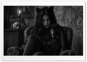 Gothic Cat Woman with Mystic Key Art 4K UHD Wallpaper for Widescreen and UltraWide Desktop, UltraHD TV, Smartphone, Tablet