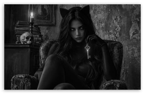 Gothic Cat Woman with Mystic Key Art UltraHD Wallpaper for UHD 16:9 ; HD 16:9 ; UltraWide 21:9 24:10 ; Widescreen 16:10 ; Tablet 1:1 ; Mobile 9:16 9:19.5 9:20 9:21 9:22 ;