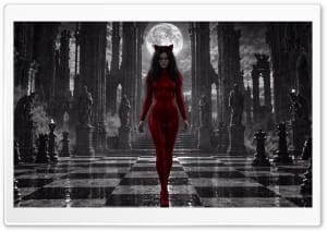 Gothic Chessboard Cat Woman in Red Art 4K UHD Wallpaper for Widescreen and UltraWide Desktop, UltraHD TV, Smartphone, Tablet