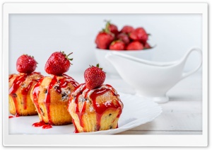 Gourmet Cupcakes with Strawberry Sauce and Fresh Fruit 4K UHD Wallpaper for Widescreen and UltraWide Desktop, UltraHD TV, Smartphone, Tablet