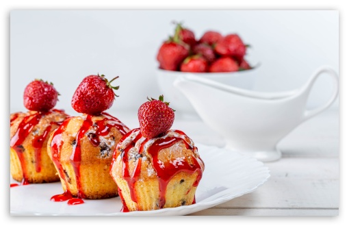 Gourmet Cupcakes with Strawberry Sauce and Fresh Fruit UltraHD Wallpaper for UHD 16:9 ; HD 16:9 ; UltraWide 21:9 24:10 ; Widescreen 16:10 5:3 ; Fullscreen 4:3 5:4 3:2 ; Tablet 1:1 ;