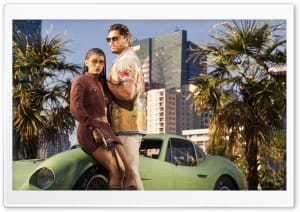 Grand Theft Auto VI, Lucia and Jason in Vice City 4K UHD Wallpaper for Widescreen and UltraWide Desktop, UltraHD TV, Smartphone, Tablet