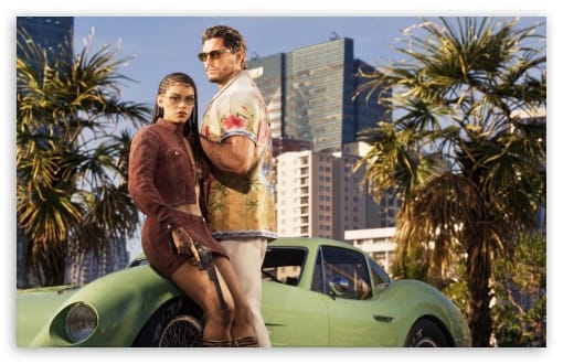 Grand Theft Auto VI, Lucia and Jason in Vice City UltraHD Wallpaper for UHD 16:9 ; HD 16:9 ; UltraWide 21:9 24:10 32:9 32:10 ; Widescreen 16:10 ; Tablet 1:1 ; Mobile 9:16 9:19.5 9:20 9:21 9:22 ; Dual 16:10 16:9 ;