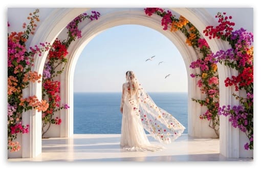 Greek Marble Arch Wedding with Sea View UltraHD Wallpaper for UHD 16:9 ; HD 16:9 ; UltraWide 21:9 24:10 ; Widescreen 16:10 ; Tablet 1:1 ;