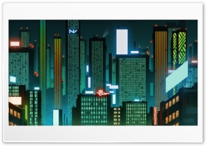 Green Neon Skyscrapers Cityscape illustration 4K UHD Wallpaper for Widescreen and UltraWide Desktop, UltraHD TV, Smartphone, Tablet
